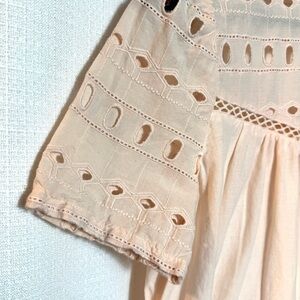 DIP Blush Pink Eyelet Lace Cotton Peplum Boho Top Short Sleeve Size S